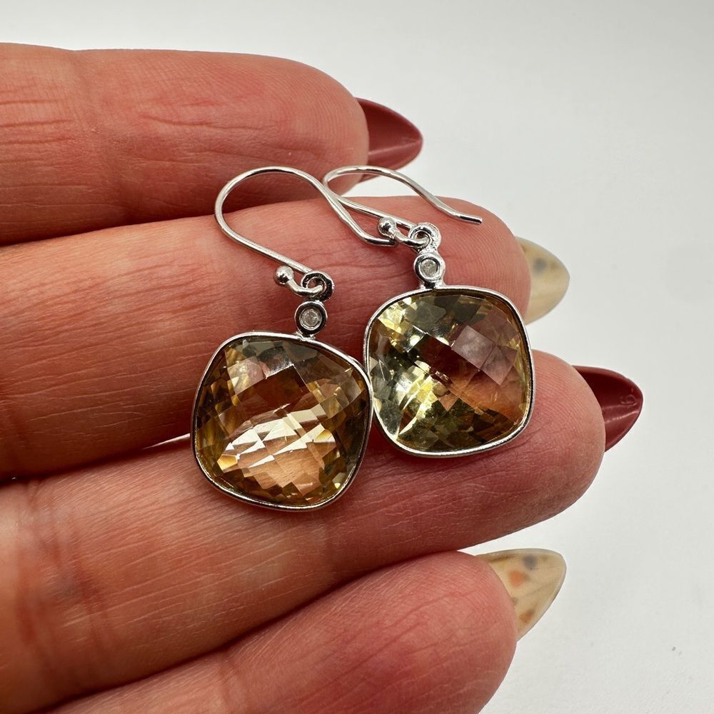 7.11cts faceted checkerboard cushion cut citrine on 925‎ dangle earrings!